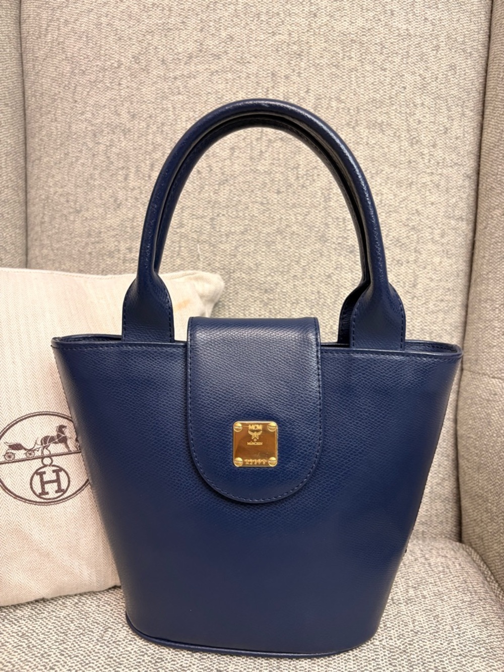 MCM Navy Leather Top-Handle Tote with Gold Plaque